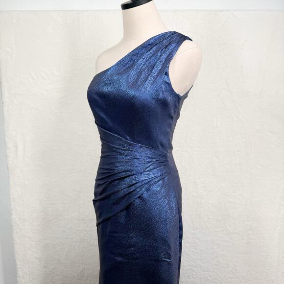 Theia One Shoulder Ruched Gown Sail Blue Silk Metallic Formal Wedding Size 2 - Picture 11 of 14